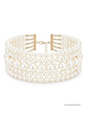 Multi Strand Pearl Choker Necklace Faux Pearl 5 Layer Boho 13 Inch